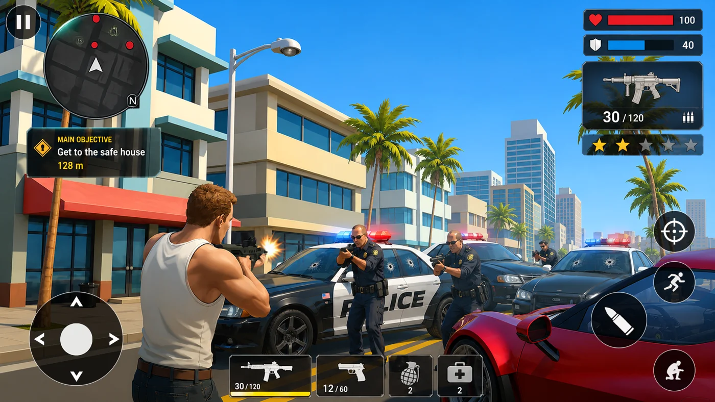 Concept illustration of action on a palm-lined city street