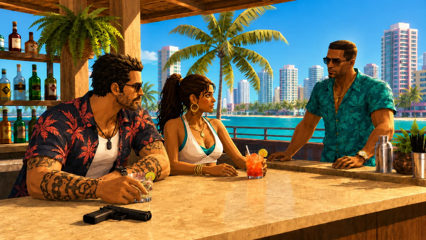Concept art of friends meeting at a beachside bar